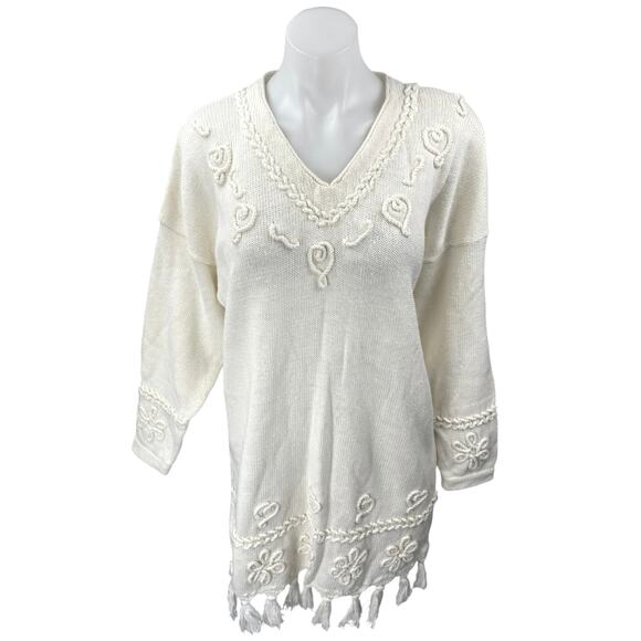 Style New York Cream Long Sleeve 3D V Neck Tassel Mini Sweater Dress Size L - Picture 1 of 4